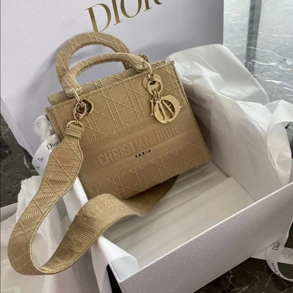 Dior lady Dior d lite medium canvas nude beige bag
